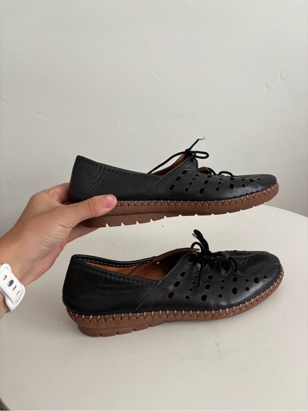 Women's Black Perforated Lace-Up Comfort Flats